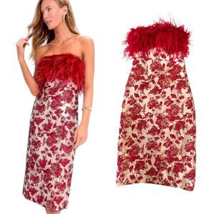 HYACINTH HOUSE Red Jacquard Feathered Reina Midi Dress XS